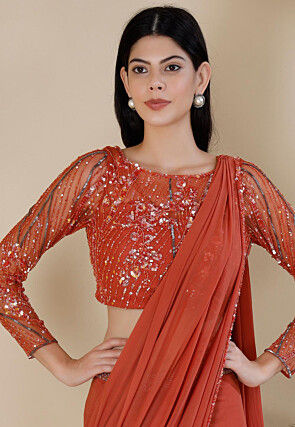 Pre Stitched Net Lycra Saree in Orange