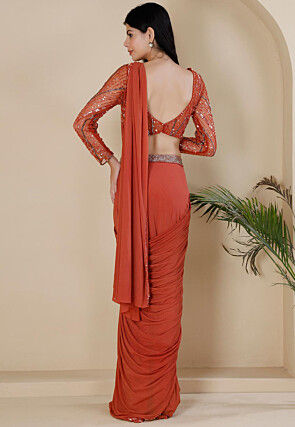 Pre Stitched Net Lycra Saree in Orange