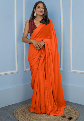 Pre Stitched Georgette Saree in Orange
