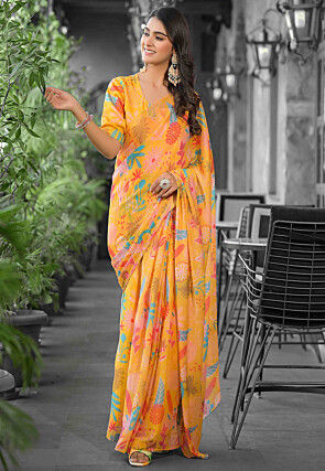 Pre Stitched Georgette Saree in Orange