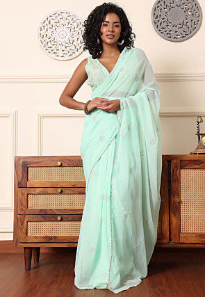 Pre Stitched Georgette Saree in Pastel Green