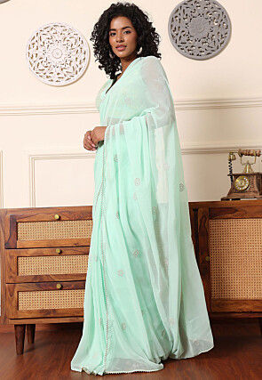 Pre Stitched Georgette Saree in Pastel Green