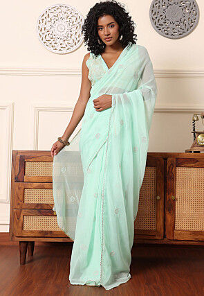Pre Stitched Georgette Saree in Pastel Green