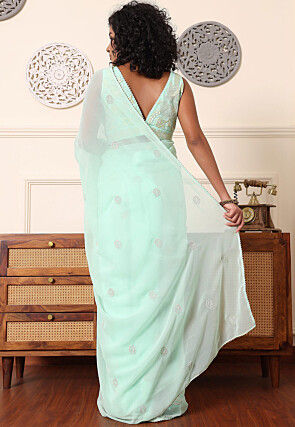 Pre Stitched Georgette Saree in Pastel Green