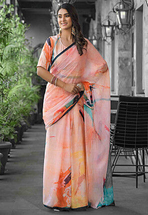 Pre Stitched Georgette Saree in Peach
