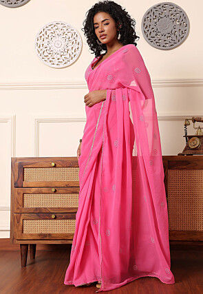 Pre Stitched Georgette Saree in Pink