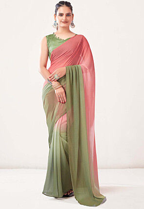 Pre Stitched  Georgette Saree in Pre Stitched  Olive Green and Pink