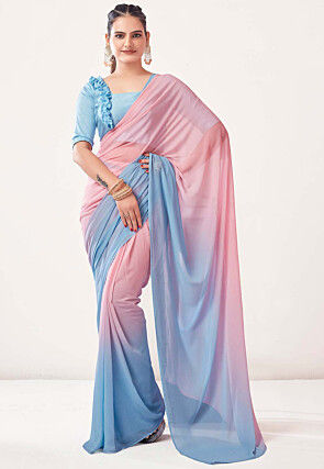 Buy Blue Polyester Textured Contour Pallu Pre-stitched Saree With