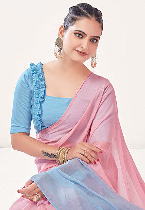 Pre Stitched Georgette Saree in Pre Stitched Sky Blue and Pink