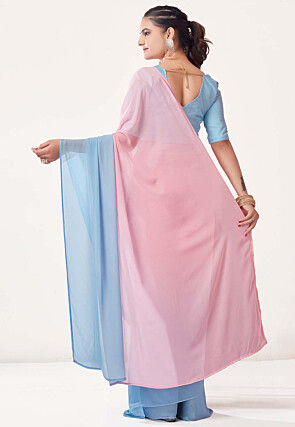 Pre Stitched Georgette Saree in Pre Stitched Sky Blue and Pink