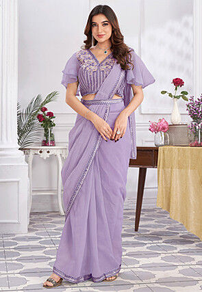Pre Stitched Georgette Saree in Purple