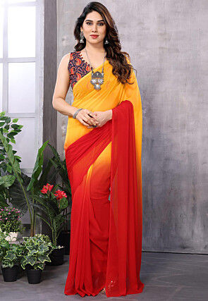 Pre Stitched Georgette Saree in Red and Yellow Shaded