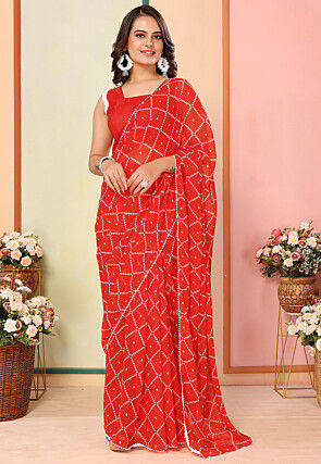 Pre Stitched Georgette Saree in Red