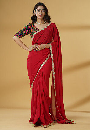 Pre Stitched Georgette Saree in Red