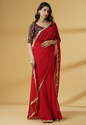 Pre Stitched Georgette Saree in Red