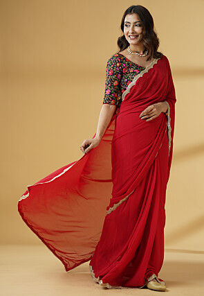 Pre Stitched Georgette Saree in Red