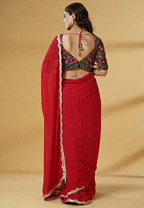 Pre Stitched Georgette Saree in Red