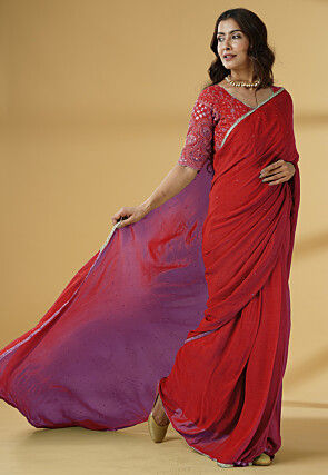 Pre Stitched Georgette Saree in Red