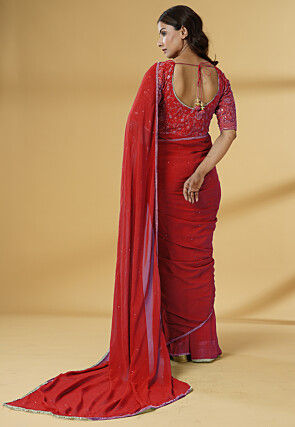 Pre Stitched Georgette Saree in Red