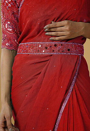 Pre Stitched Georgette Saree in Red