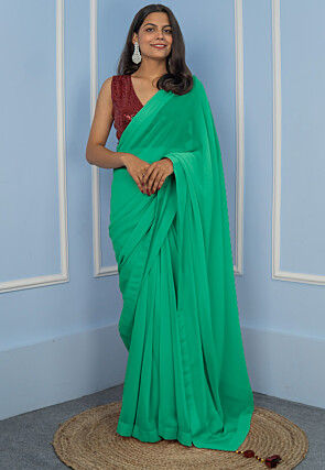 Pre Stitched Georgette Saree in Sea Green