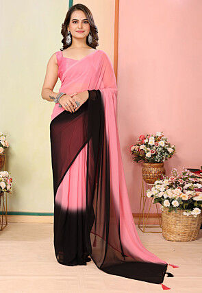 Pre Stitched Georgette Saree in Shaded Pink and Black