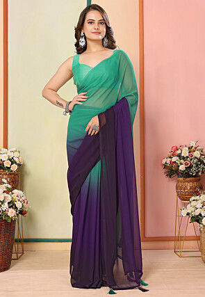 Pre Stitched Georgette Saree in Shaded Sea Green and Purple
