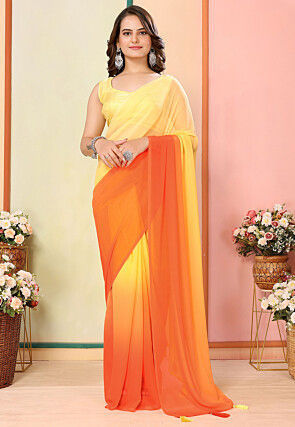 Pre Stitched Georgette Saree in Shaded Yellow and Orange