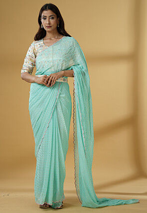 Pre Stitched Georgette Saree in Sky Blue