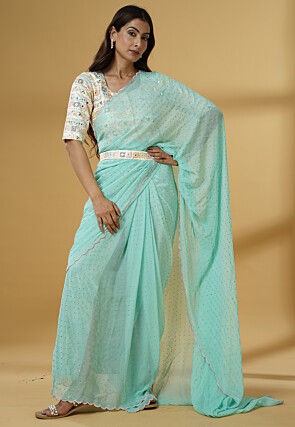 Pre Stitched Georgette Saree in Sky Blue