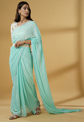 Pre Stitched Georgette Saree in Sky Blue