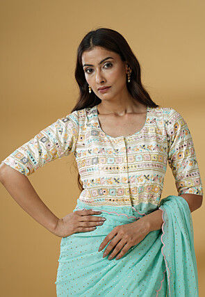 Pre Stitched Georgette Saree in Sky Blue