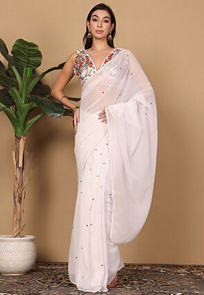 Pre Stitched Georgette Saree in White