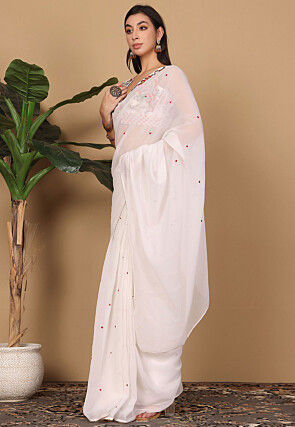 Pre Stitched Georgette Saree in White