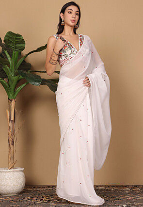 Pre Stitched Georgette Saree in White