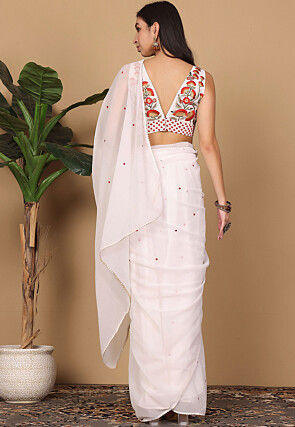 Pre Stitched Georgette Saree in White