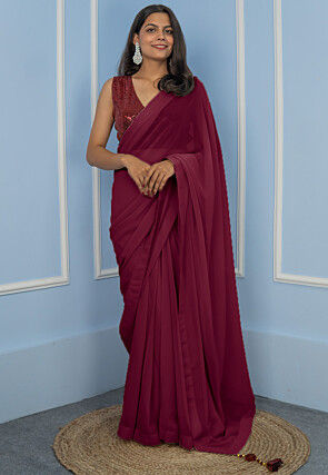 Pre Stitched Georgette Saree in Wine
