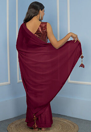 Pre Stitched Georgette Saree in Wine