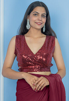 Pre Stitched Georgette Saree in Wine