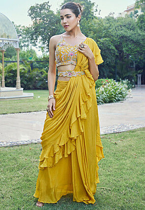 Pre Stitched Georgette Saree in Yellow
