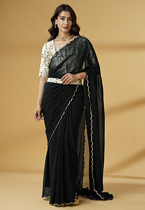Pre Stitched Georgette Scalloped Saree in Black