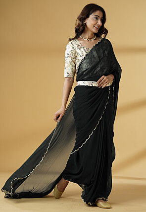 Pre Stitched Georgette Scalloped Saree in Black