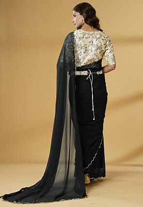 Pre Stitched Georgette Scalloped Saree in Black