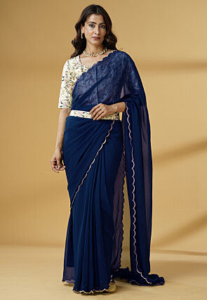 Pre Stitched Georgette Scalloped Saree in Blue