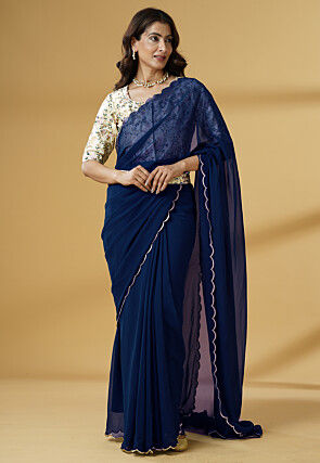Pre Stitched Georgette Scalloped Saree in Blue