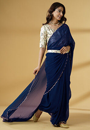 Pre Stitched Georgette Scalloped Saree in Blue