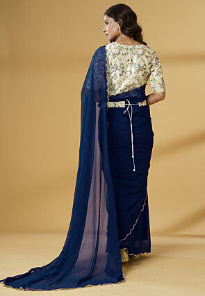 Pre Stitched Georgette Scalloped Saree in Blue