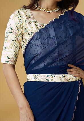 Pre Stitched Georgette Scalloped Saree in Blue