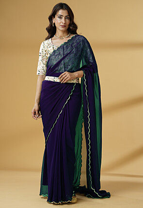 Pre Stitched Georgette Scalloped Saree in Dark Purple