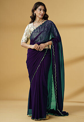 Pre Stitched Georgette Scalloped Saree in Dark Purple